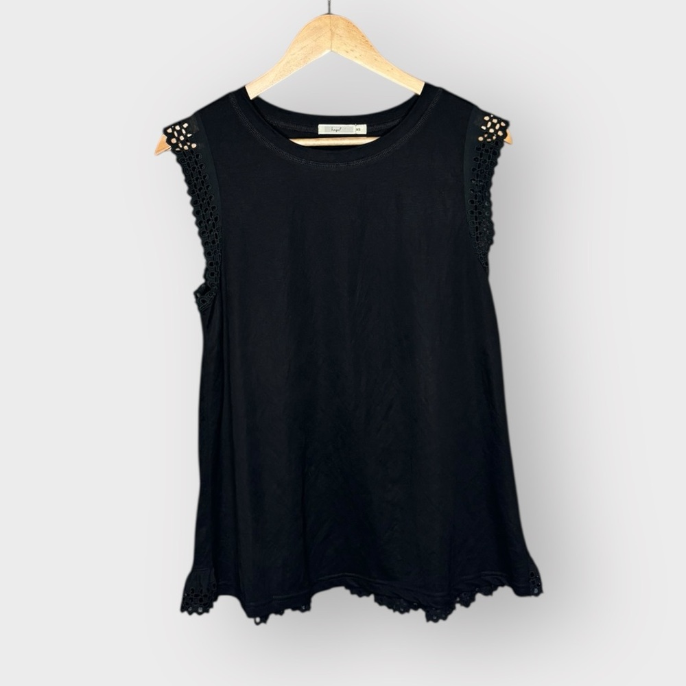 Anthropologie Hazel XS Black Embroidered Lace Trim Ruffle Sleeveless Top Boho